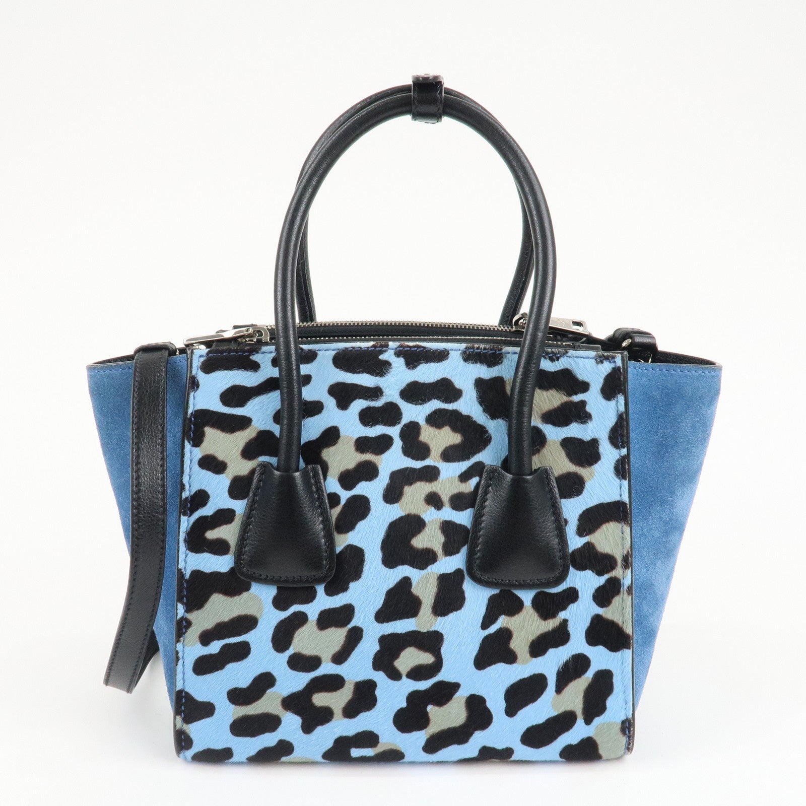 Prada Unborn Calf Suede Leather 2way Hand Bag Blue Black