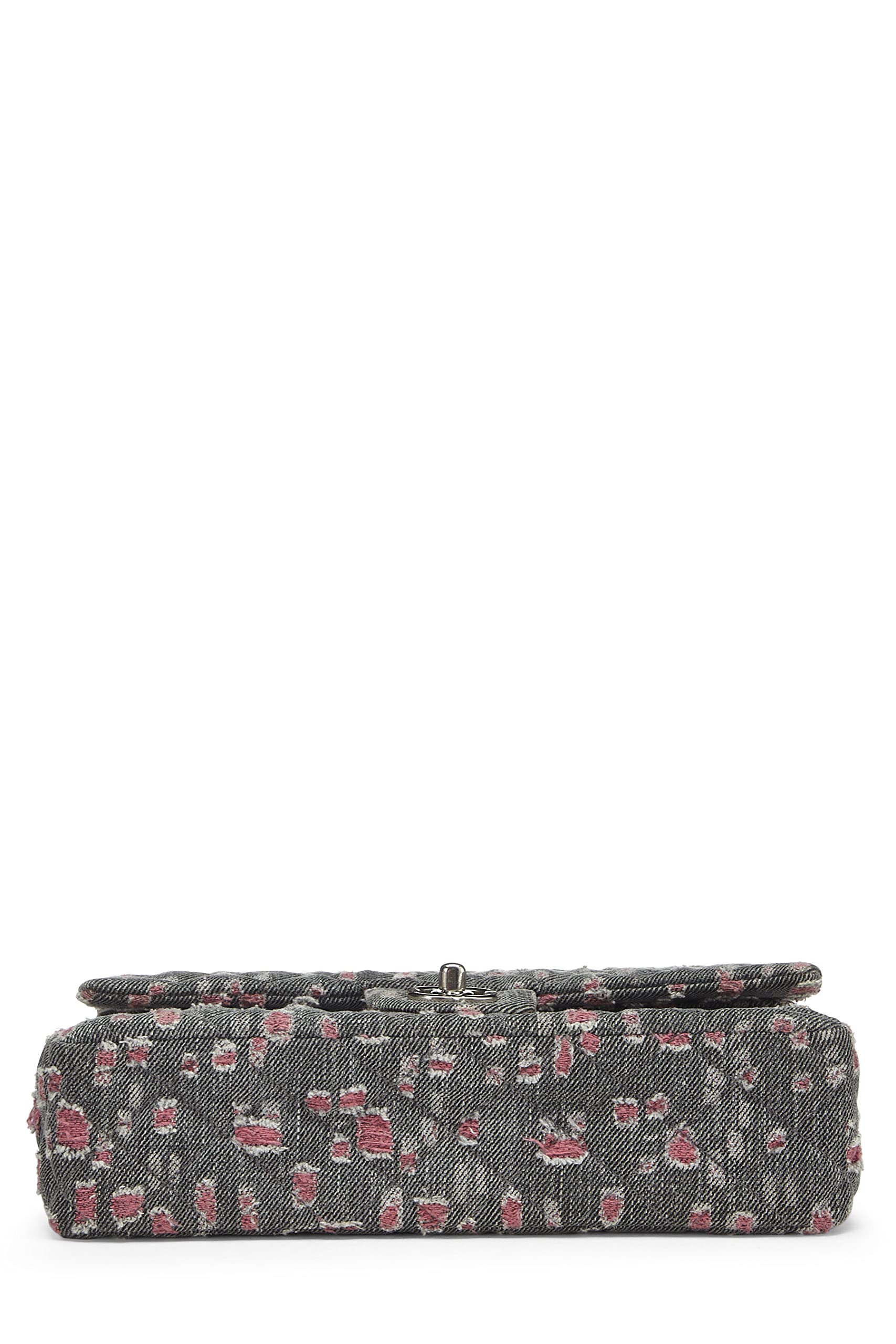 Chl, Grey & Pink Distressed Denim Classic Double Flap Medium, Pink