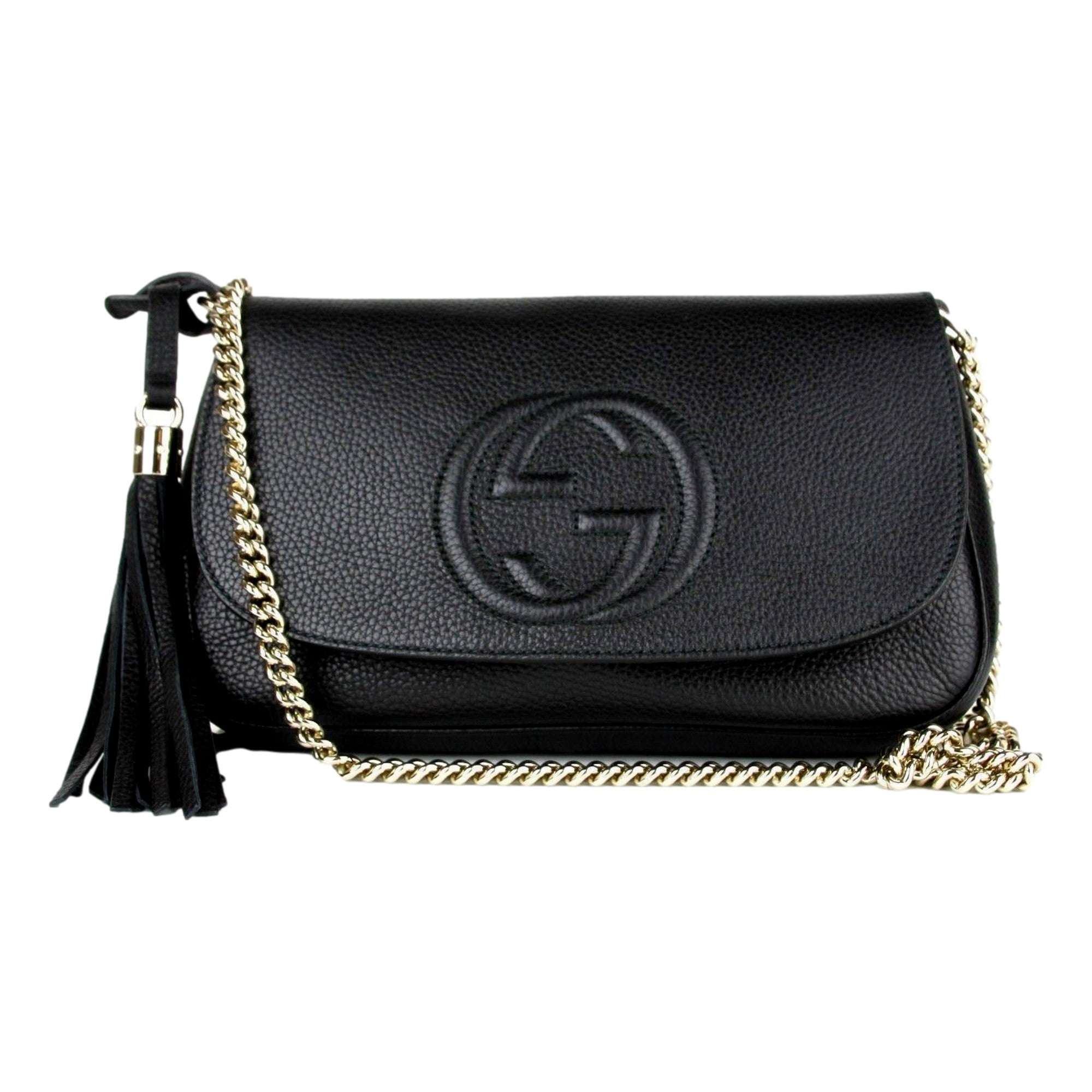 Gucci Soho Disco GG Black Calf Leather Tassel Chain Crossbody Bag